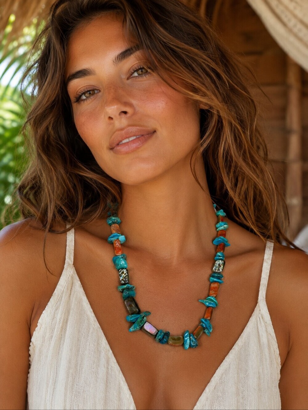 Handmade Turquoise Abalone Beaded Necklace Boho Southwestern Statement